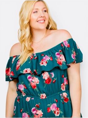 EMERALD- Teal Off-Shoulder Floral Romper